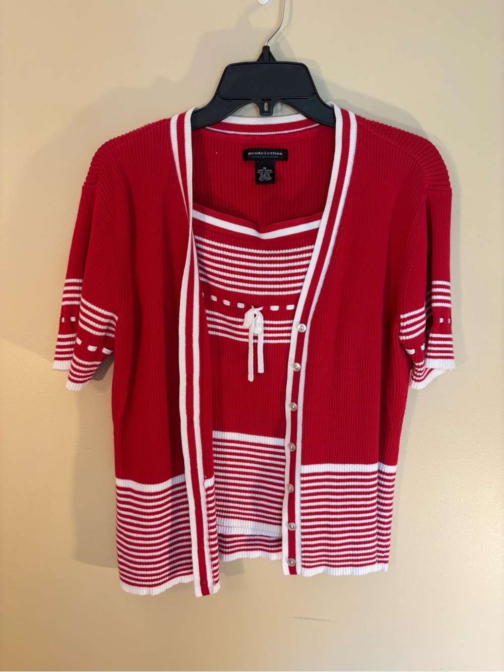 Goodclothes Red & White Striped Short-Sleeve Sweater Cardigan Set